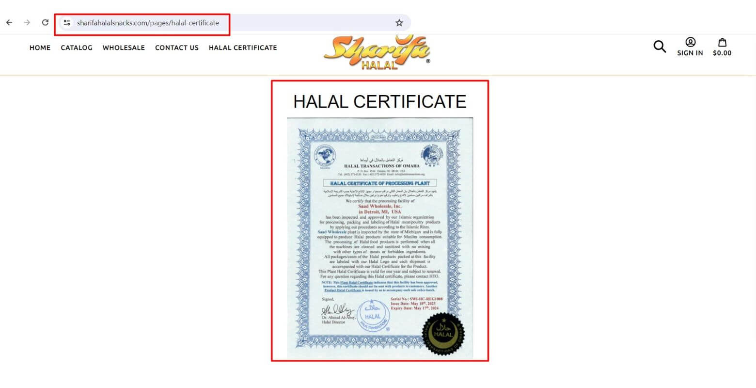 Sharifa Halal Snack Proof Of Halal Certification