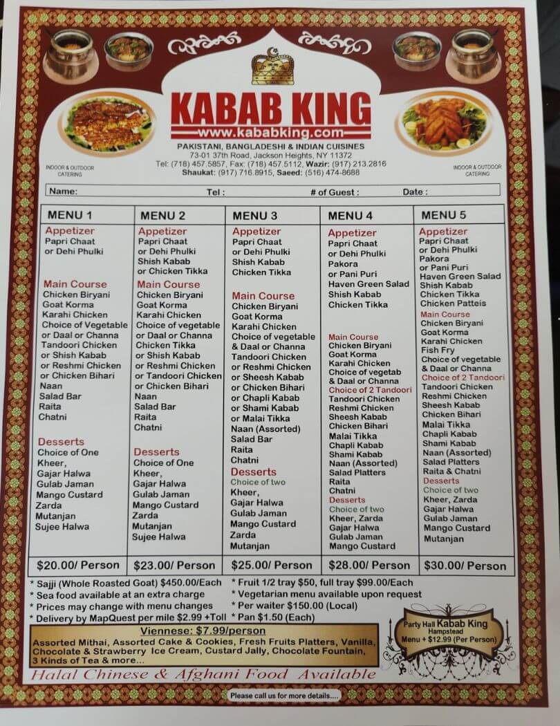 Kabab King Resturant Halal Menu In NYC